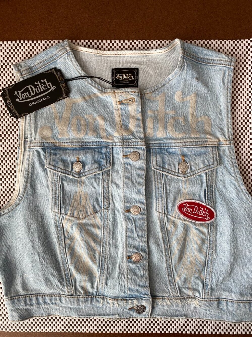 NWT Von Dutch Originals Denim Vest Y2K Cropped Fit Women's L Flame Graphic